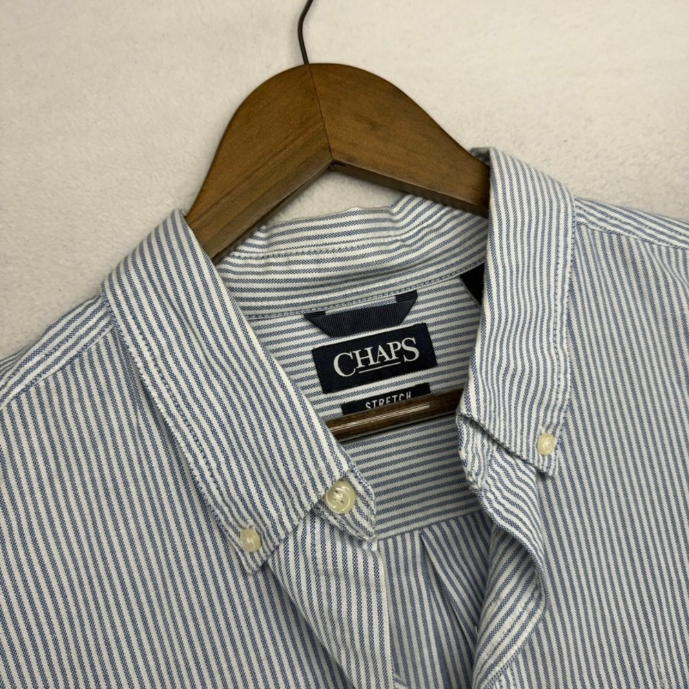 Chaps Button Down Mens XL Blue Striped Stretch Oxford Casual Cotton Blend Ivy - Picture 4 of 9